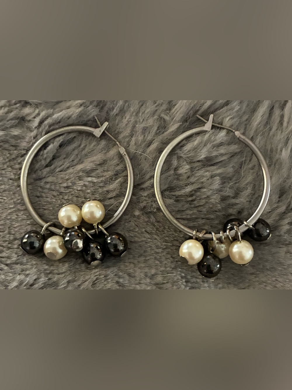 Silver Hoop Earrings with Pearl and Black Bead Charms